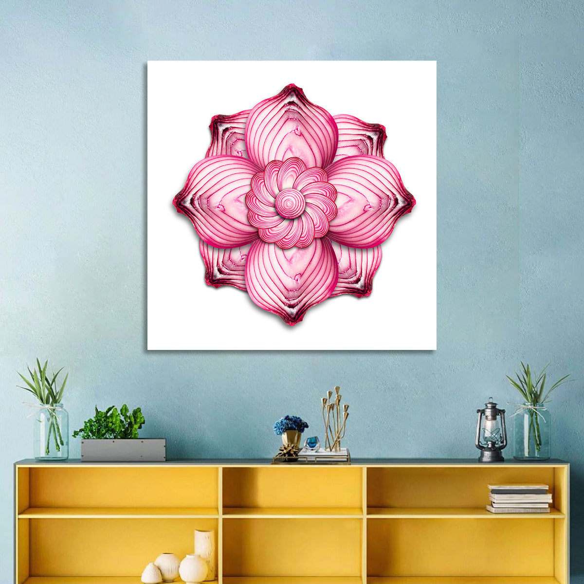 Red Onion Mandala Floral Pattern Wall Art in a room, square