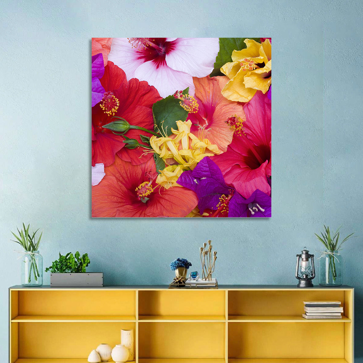 Tropical Bougainvillea and Hibiscus Bloom Wall Art in a room, square