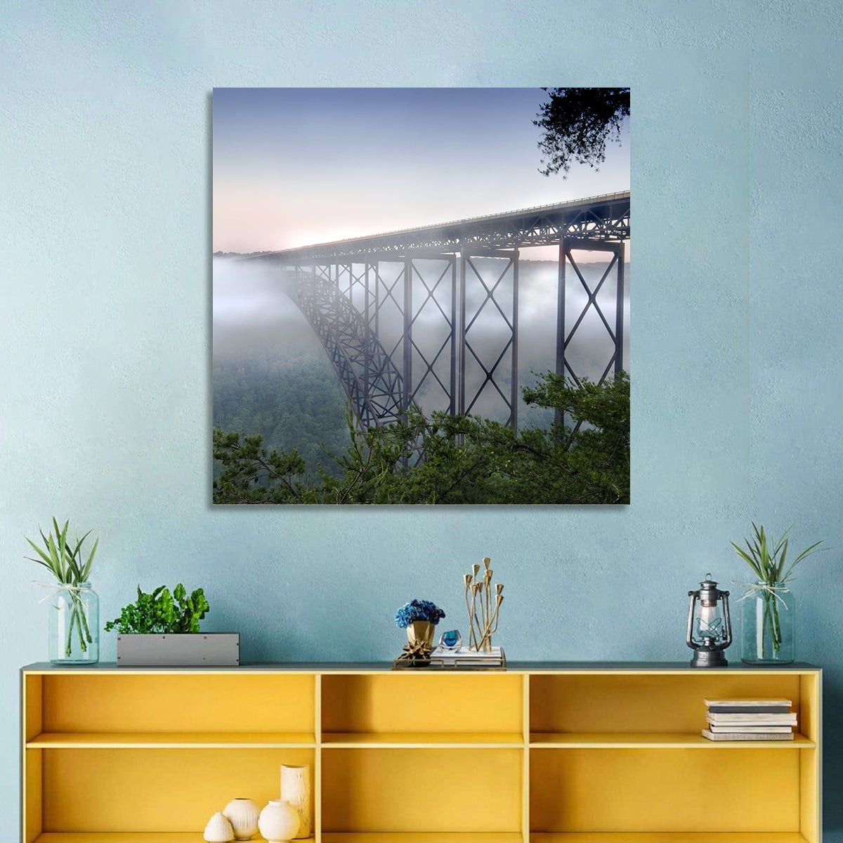 New River Gorge Bridge at Dawn Wall Art in a room, square