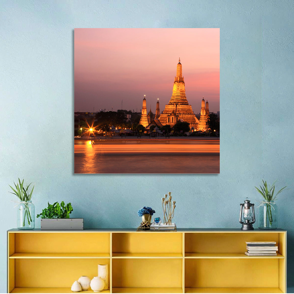 Wat Arun at Dusk Wall Art in a room, square