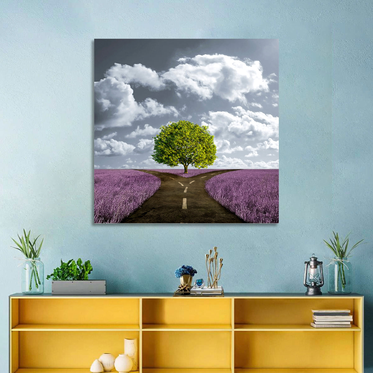 Lavender Field Crossroads with Lone Tree Wall Art in a room, square