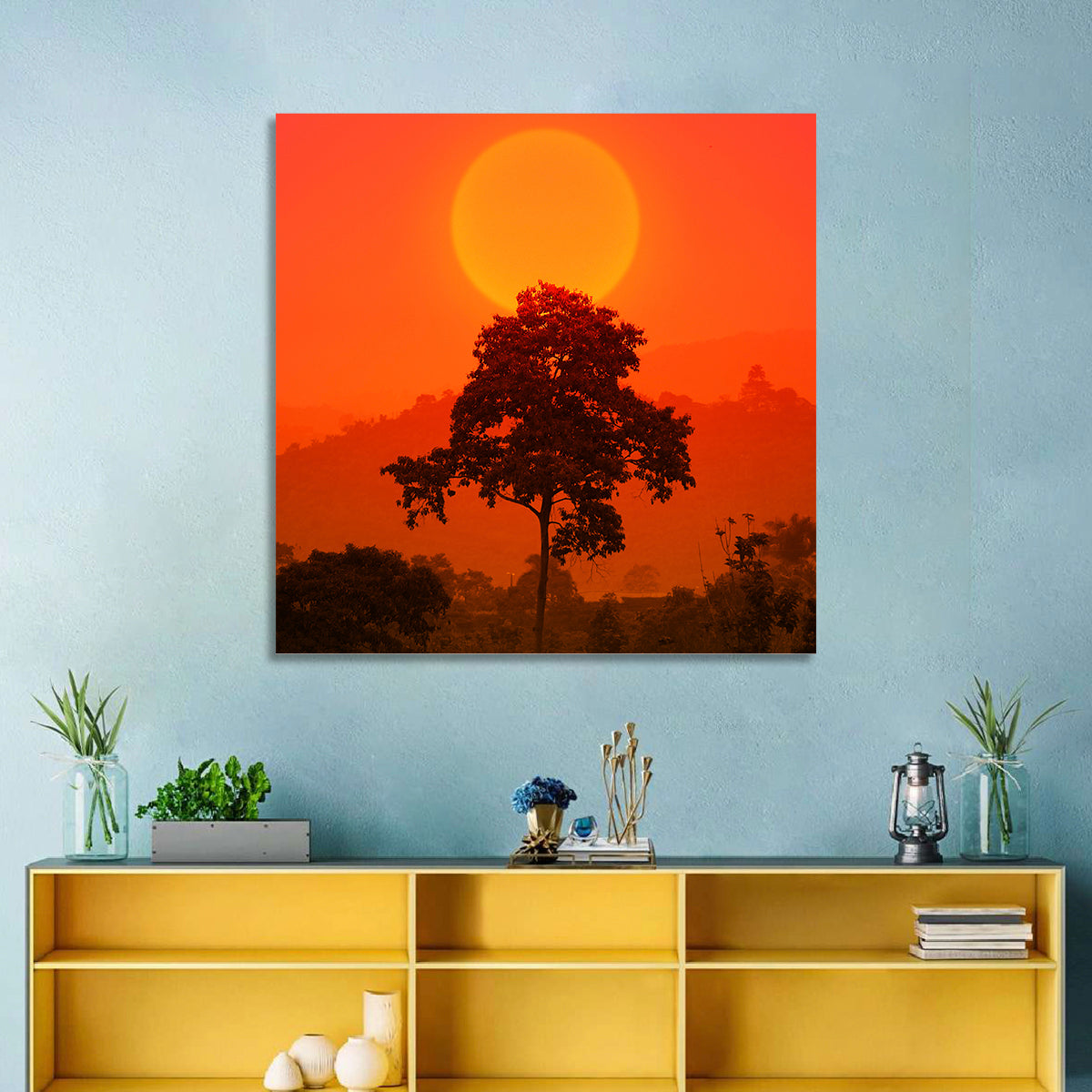 African Summer Sunset Wall Art in a room, square