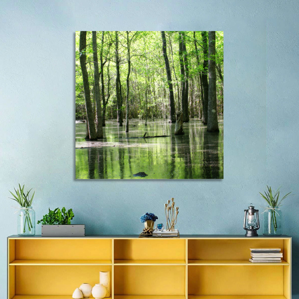 Sunlit Swamp Forest Wall Art in a room, square