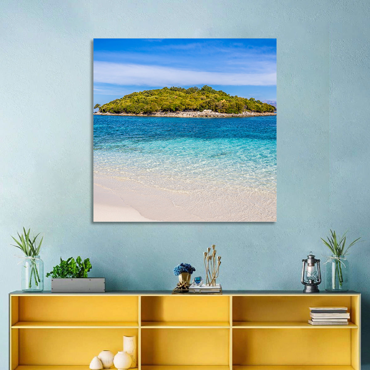 Butrint Turquoise Island Beach Wall Art in a room, square