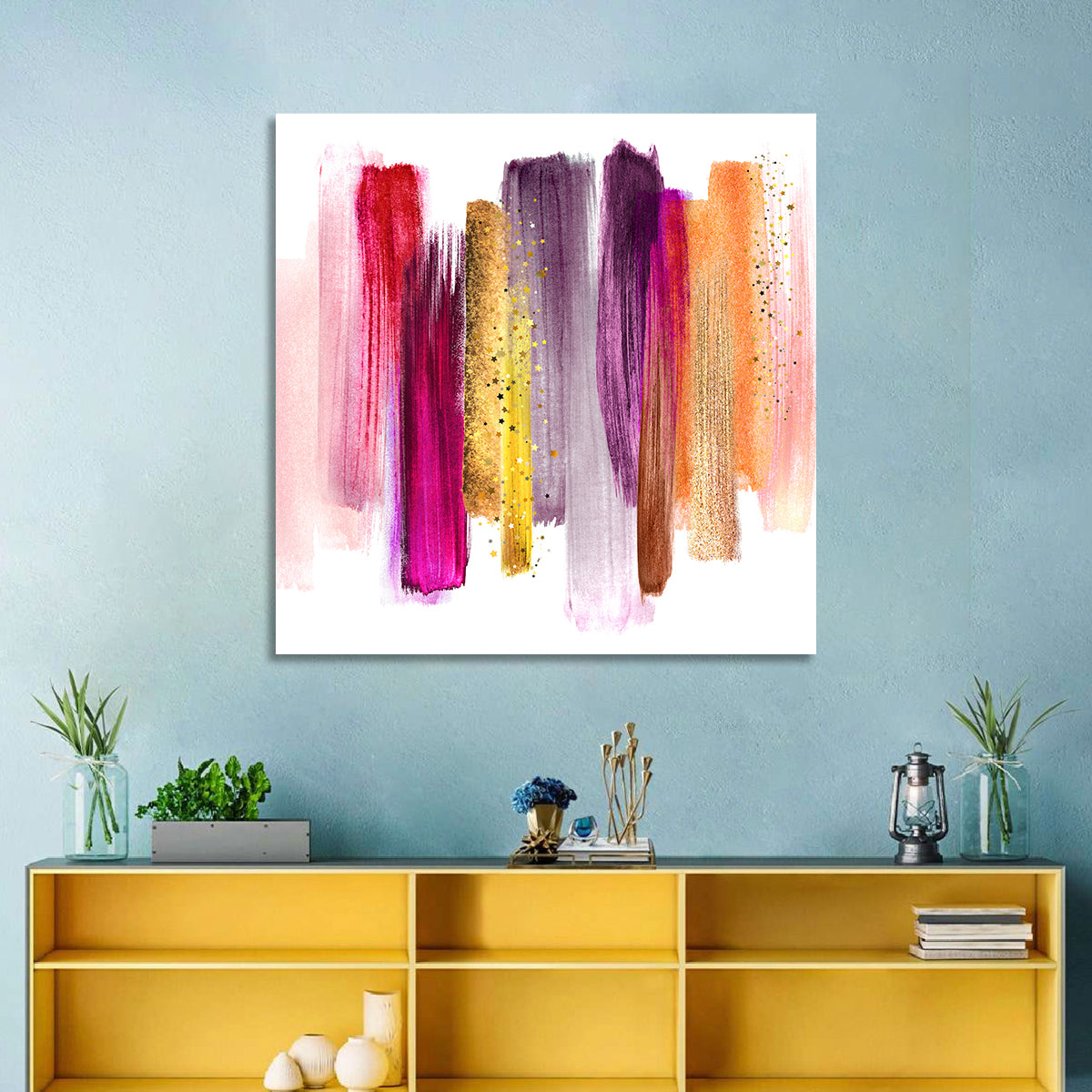 Fuchsia and Gold Brush Strokes Wall Art in a room, square