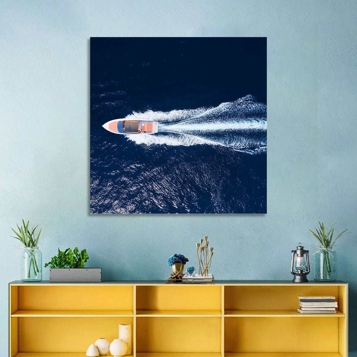 Sleek Speedboat Over Navy Sea Wall Art in a room, square