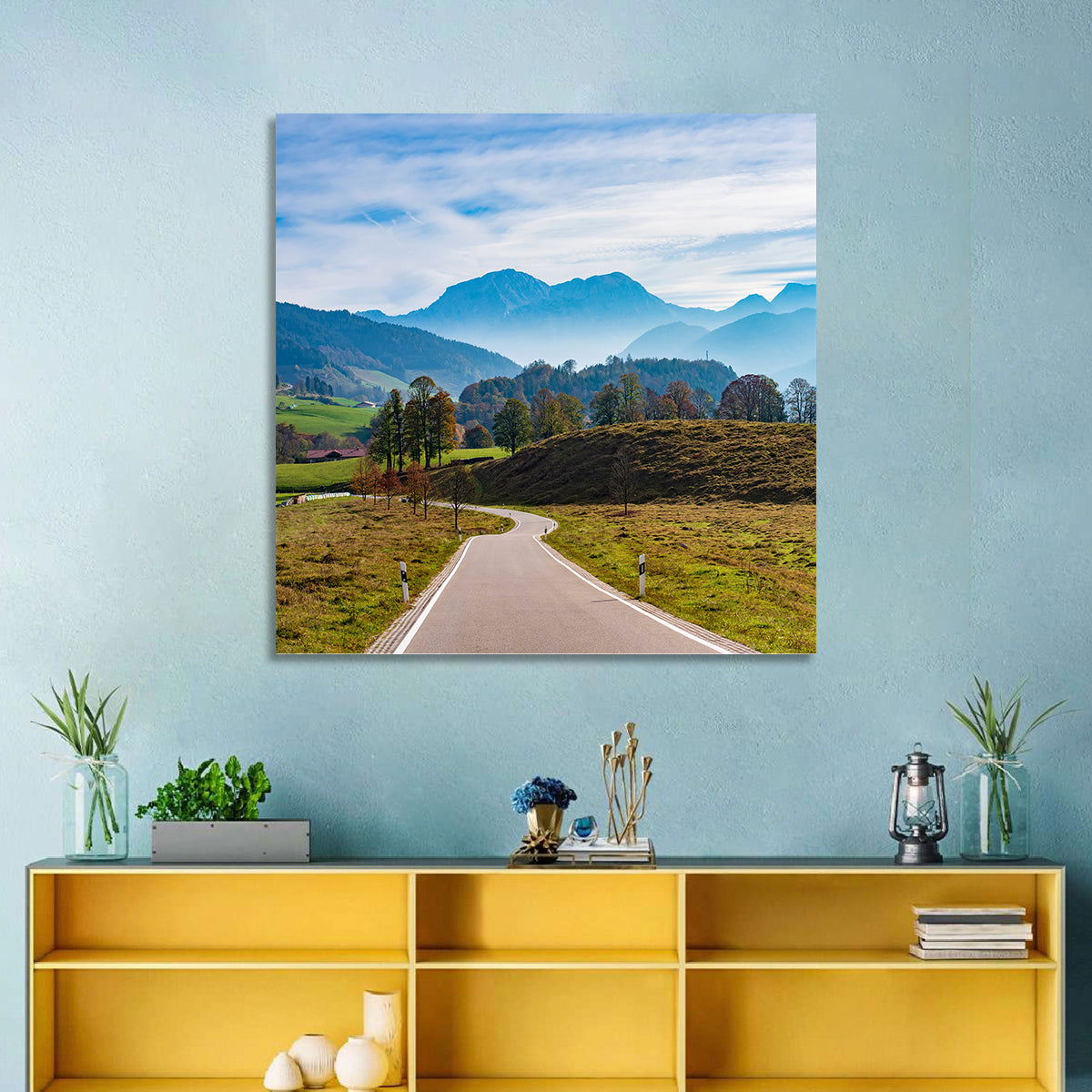 Bavarian Mountain Valley Wall Art in a room, square