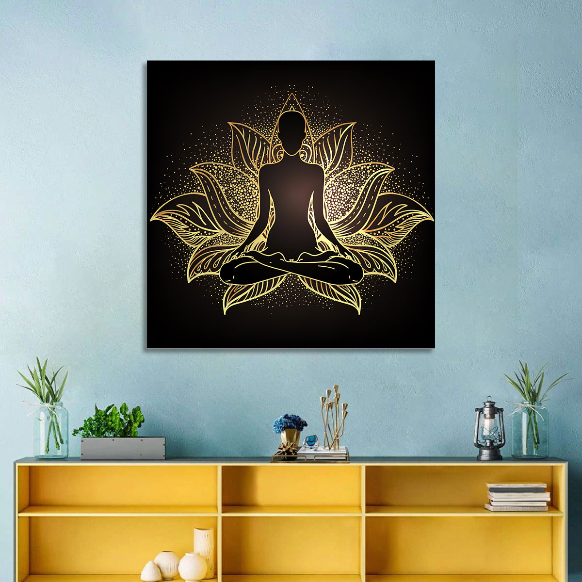 Golden Chakra Silhouette Wall Art in a room, square