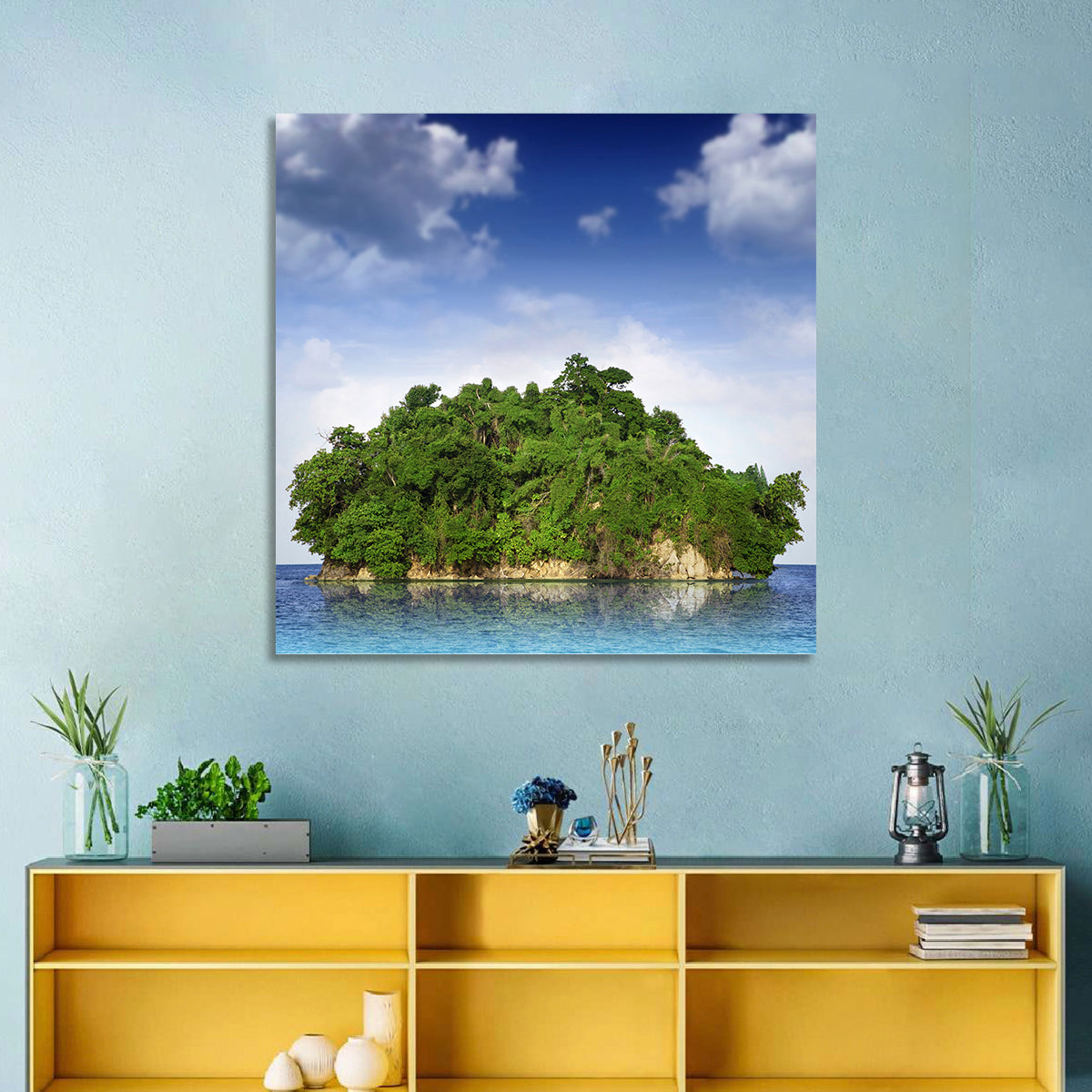Tranquil Tropical Island Reflection Wall Art in a room, square