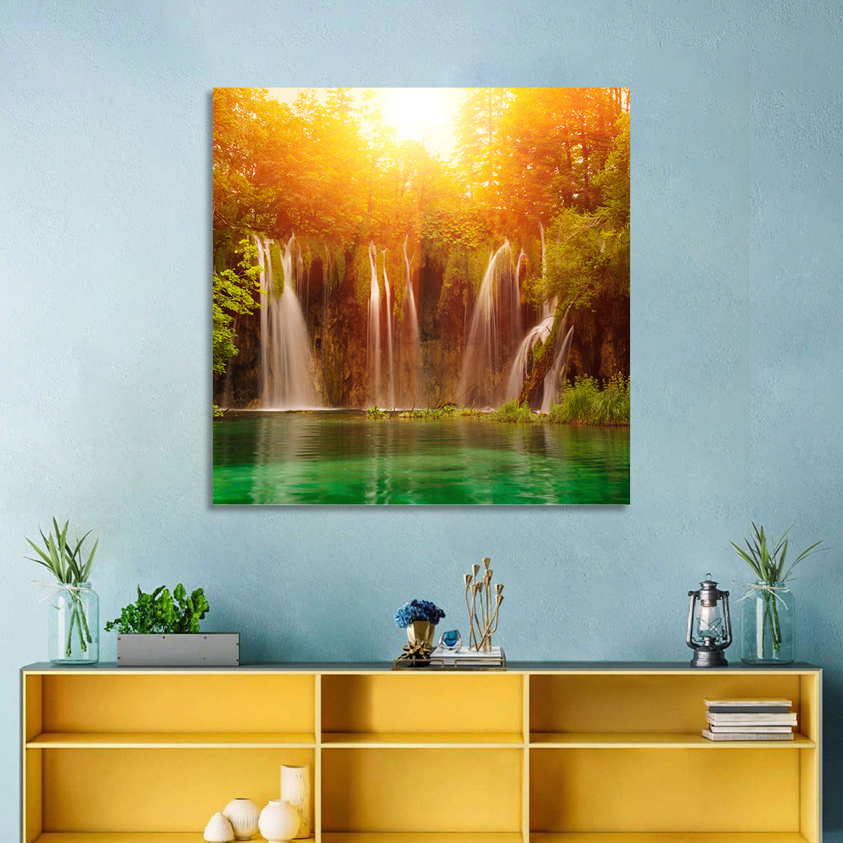 Plitvice Lakes Waterfalls Wall Art in a room, square