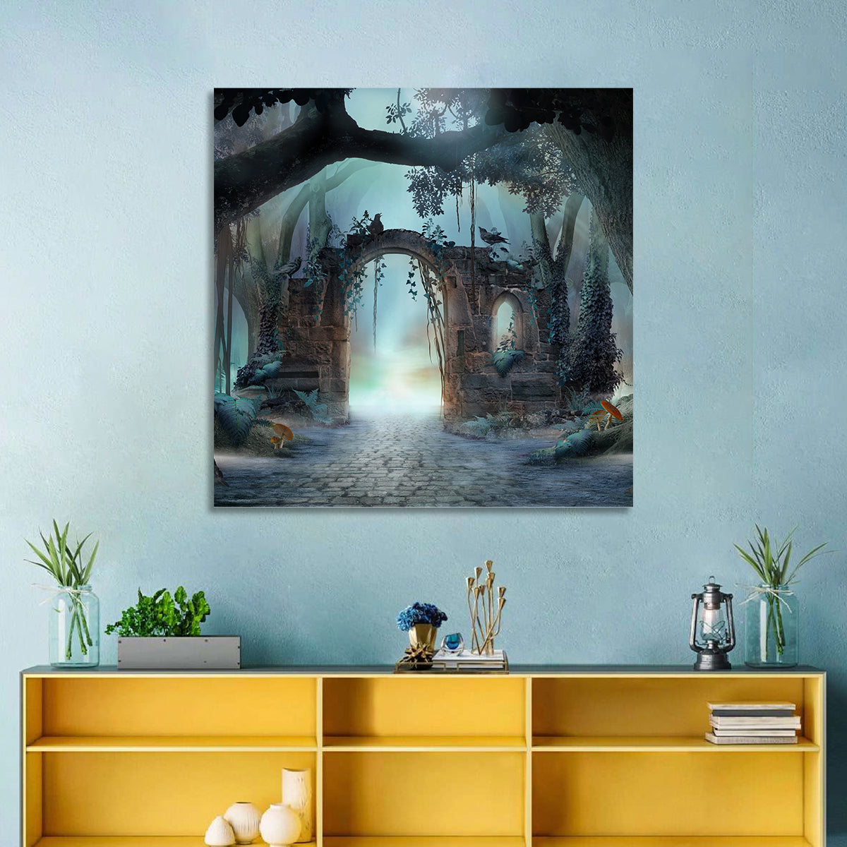 Enchanted Foggy Forest Wall Art in a room, square