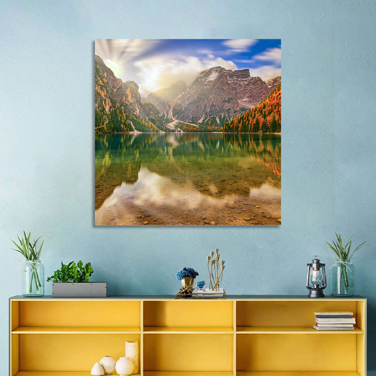Lago Di Braies Sunrise Wall Art in a room, square