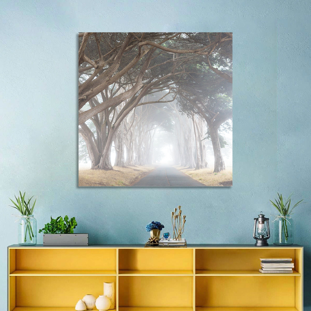 Misty Cypress Tunnel Wall Art in a room, square