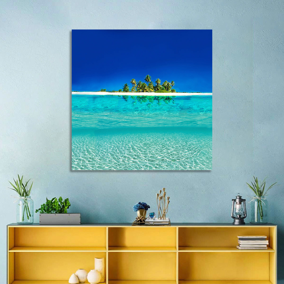 Tranquil Split-level Tropical Island Seascape Wall Art in a room, square