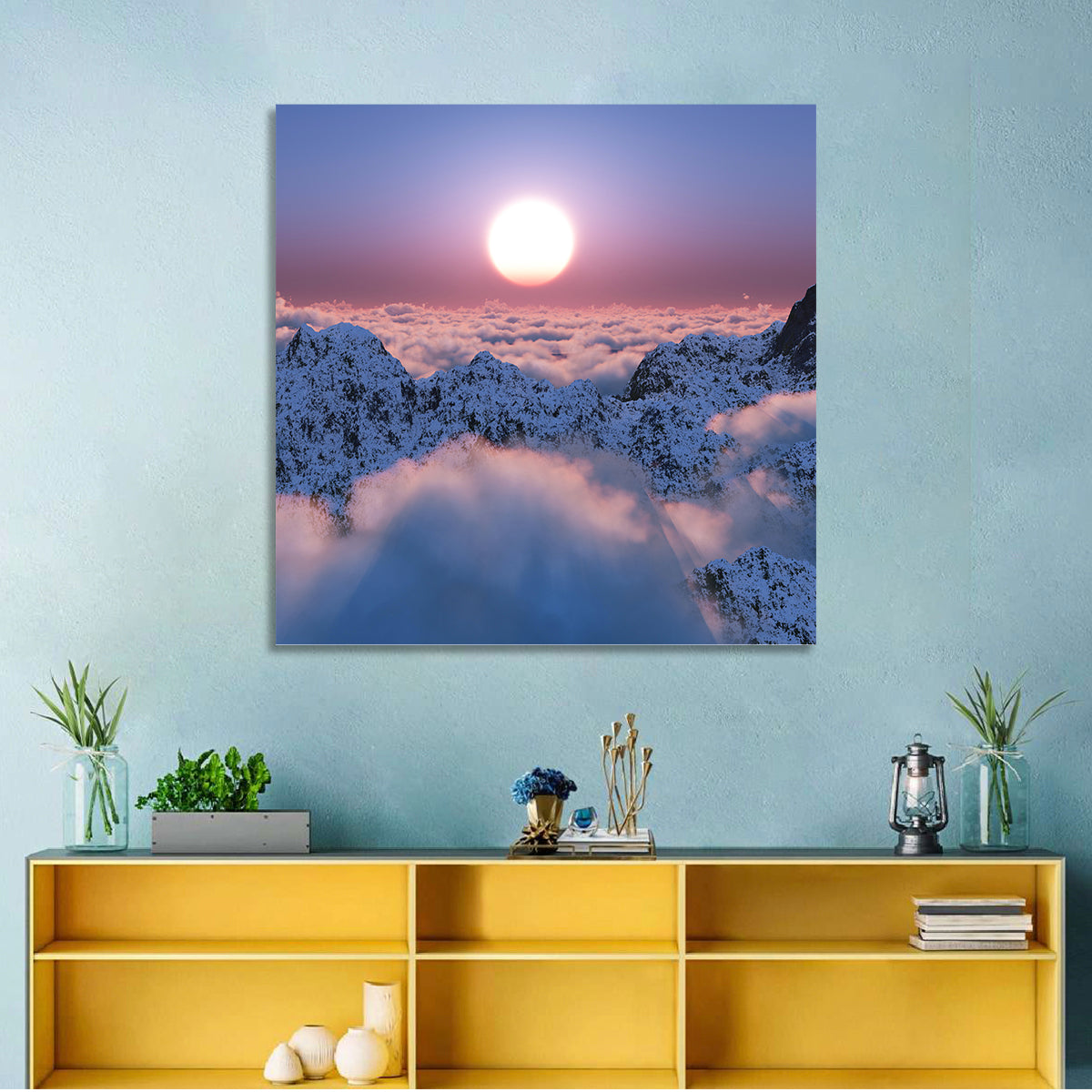 Sunset Above Snowy Mountains Wall Art in a room, square