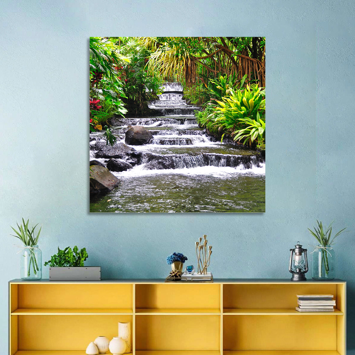 Tabacon Tiered Hot Springs Waterfall Wall Art in a room, square