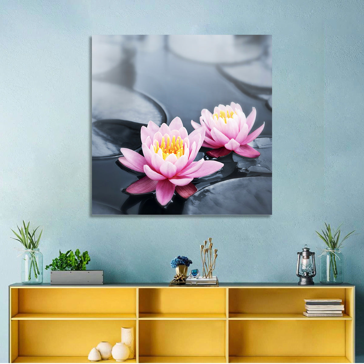 Pink Water Lilies Wall Art in a room, square