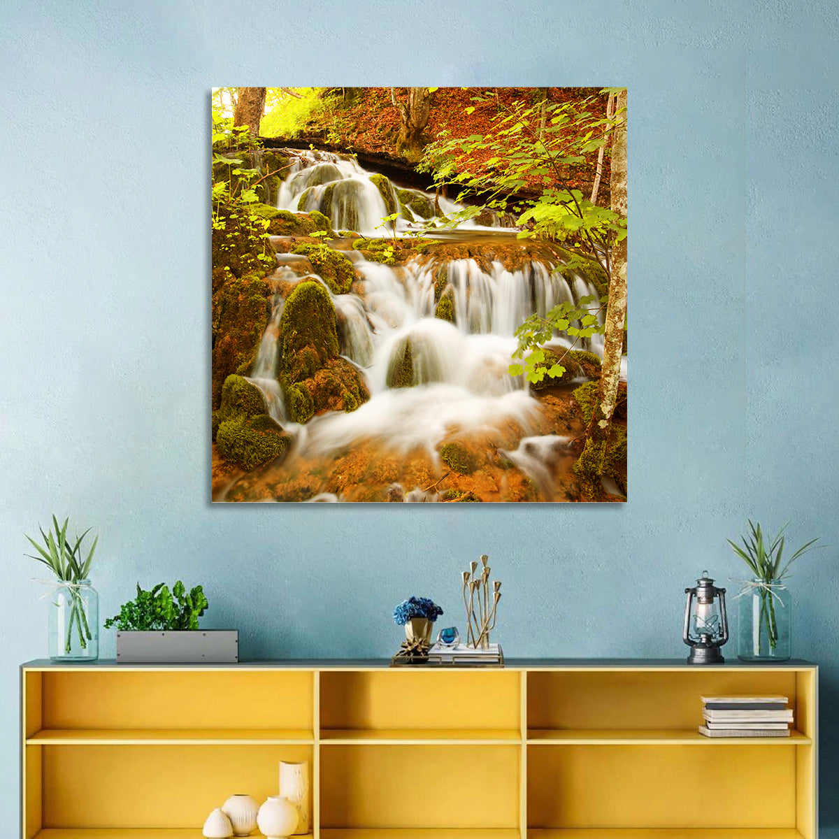 Plitvice Autumn Stream Wall Art in a room, square