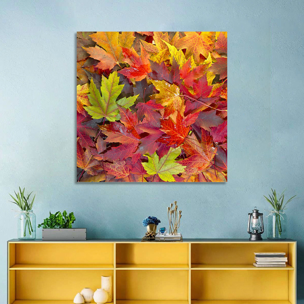 Autumn Maple Leaves Close-up Wall Art in a room, square
