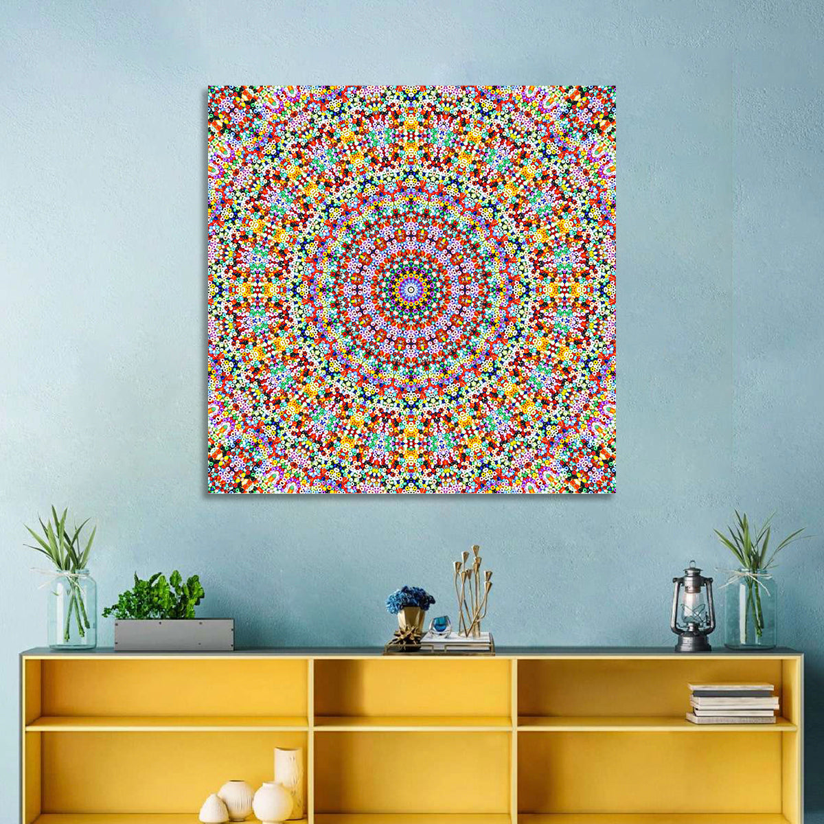 Beaded Kaleidoscope Mandala Wall Art in a room, square