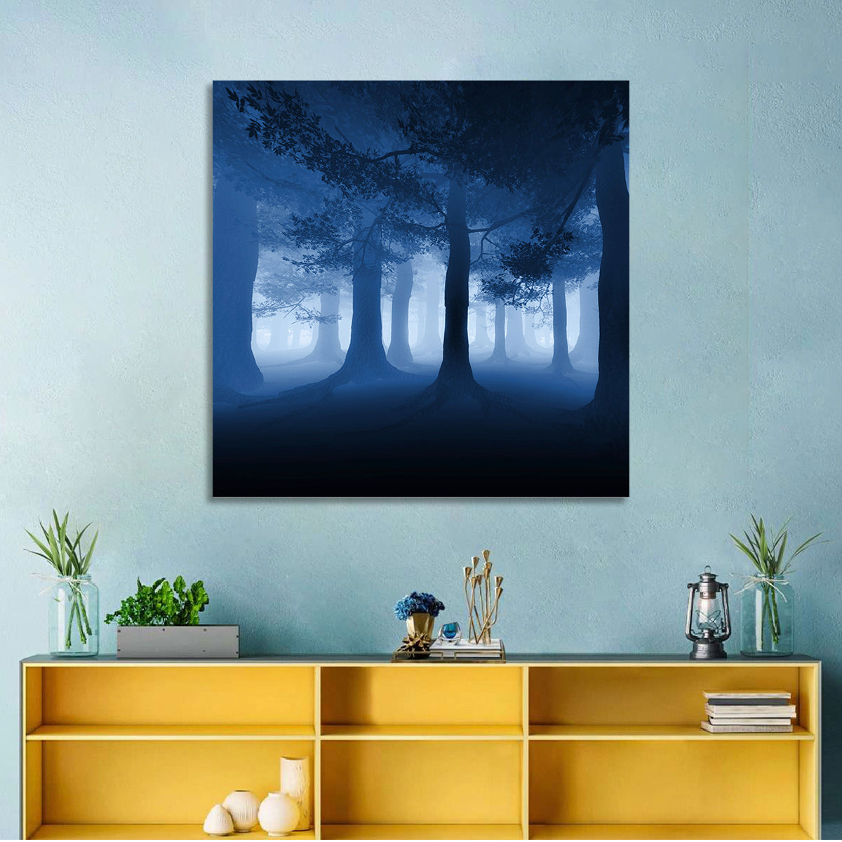 Midnight Blue Forest Wall Art in a room, square