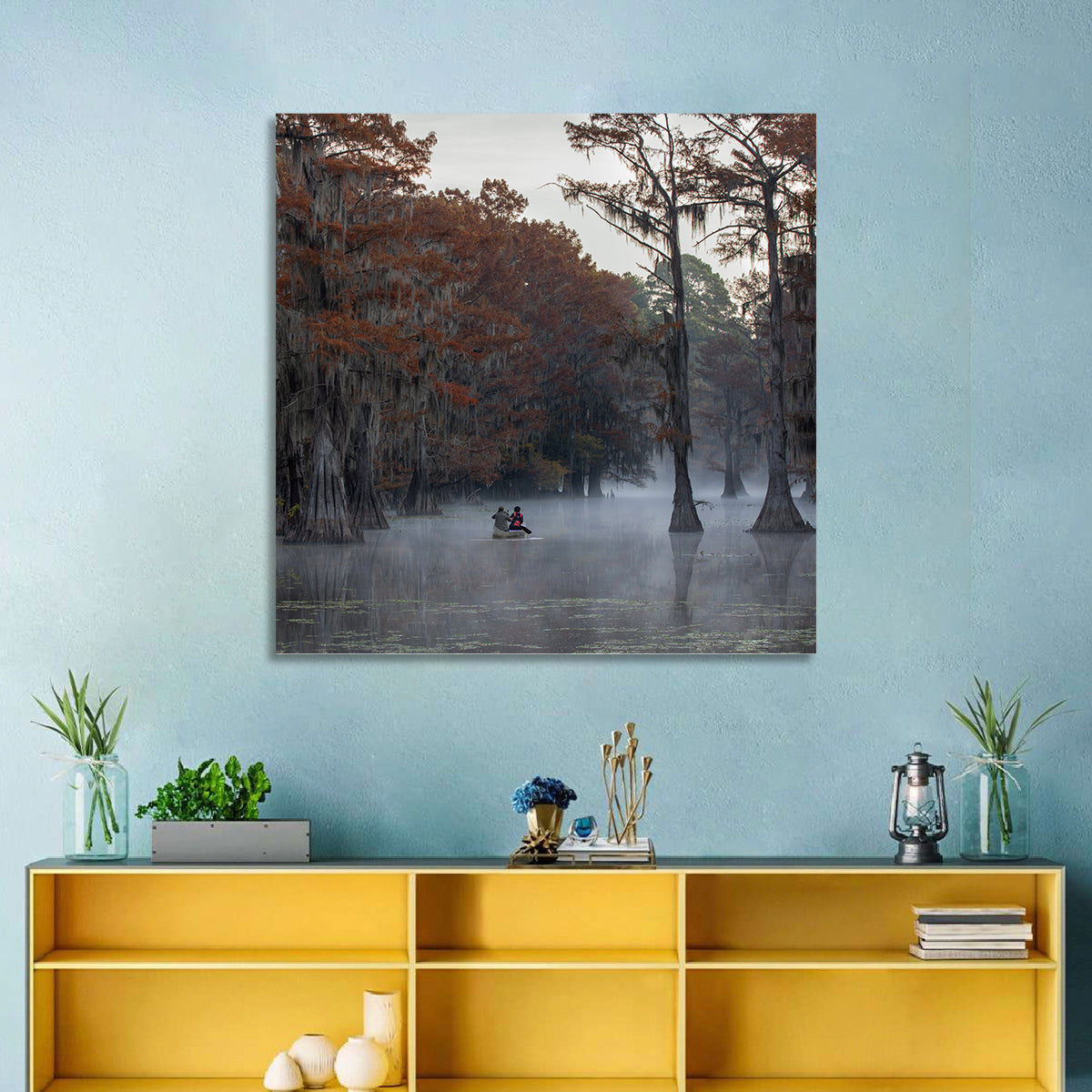 Caddo Lake Morning Mist Wall Art in a room, square