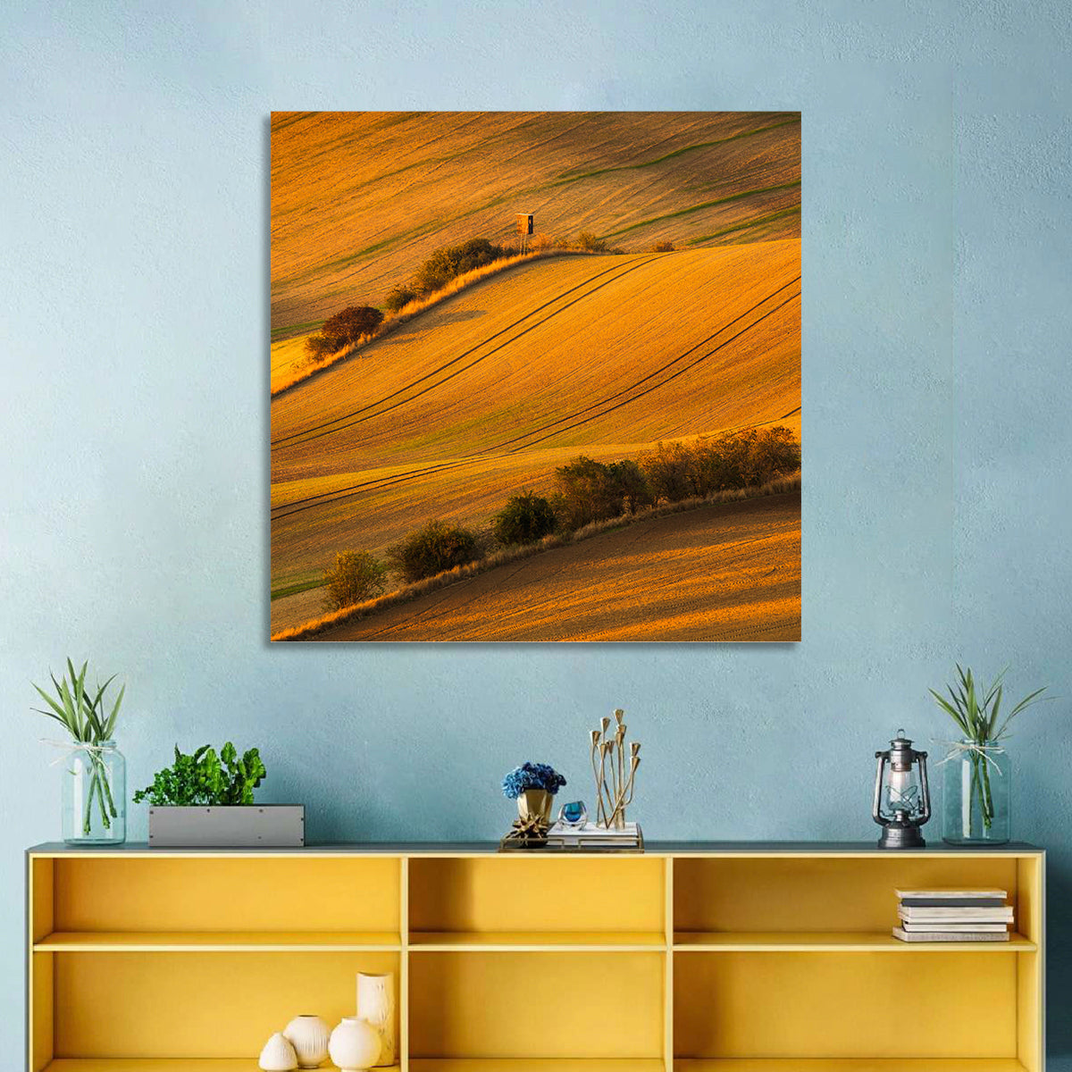Golden Moravian Farm Tracks Wall Art in a room, square