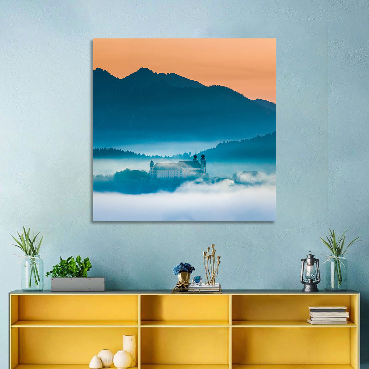 Benediktbeuern Abbey in Morning Fog Wall Art in a room, square