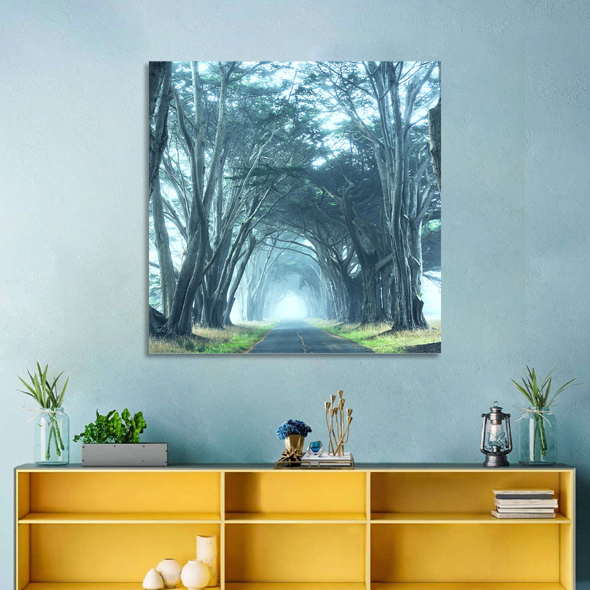 Foggy Cypress Tree Tunnel Wall Art in a room, square