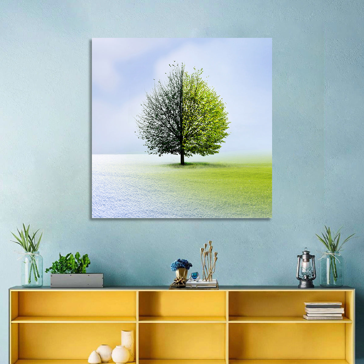 Winter to Spring Tree Wall Art in a room, square