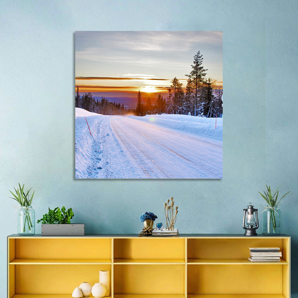 Snowy Road at Sunset Wall Art in a room, square