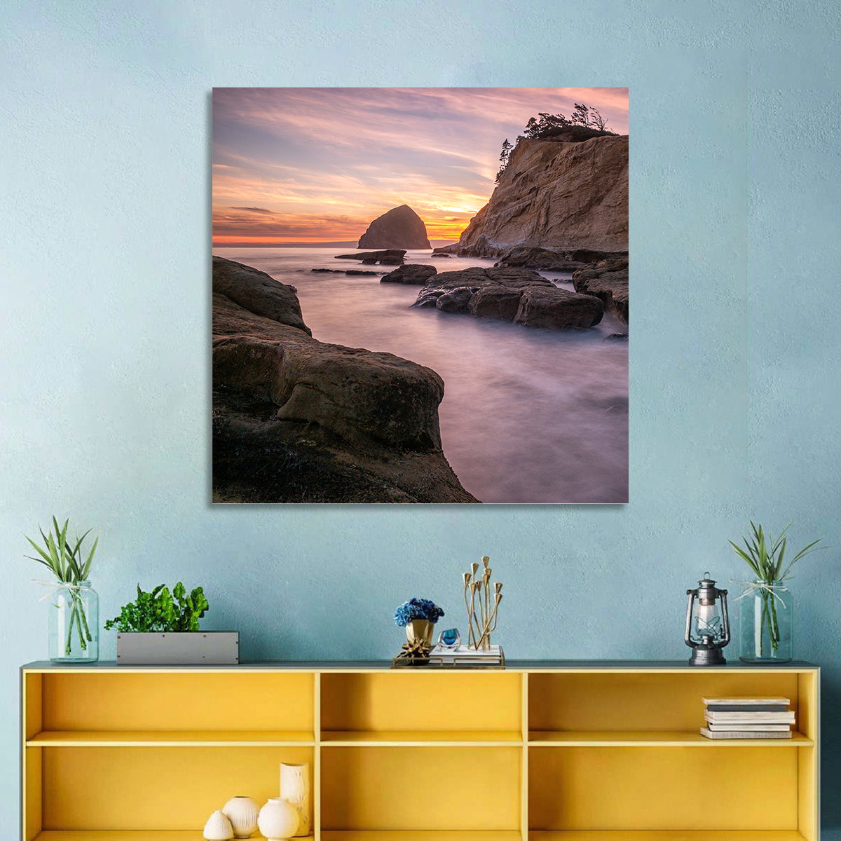Haystack Rock at Cape Kiwanda Wall Art in a room, square