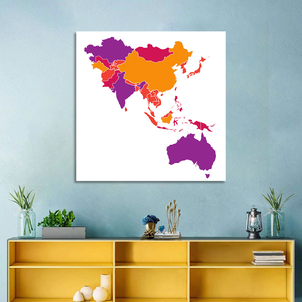 Stylized Asia Pacific Map Wall Art in a room, square