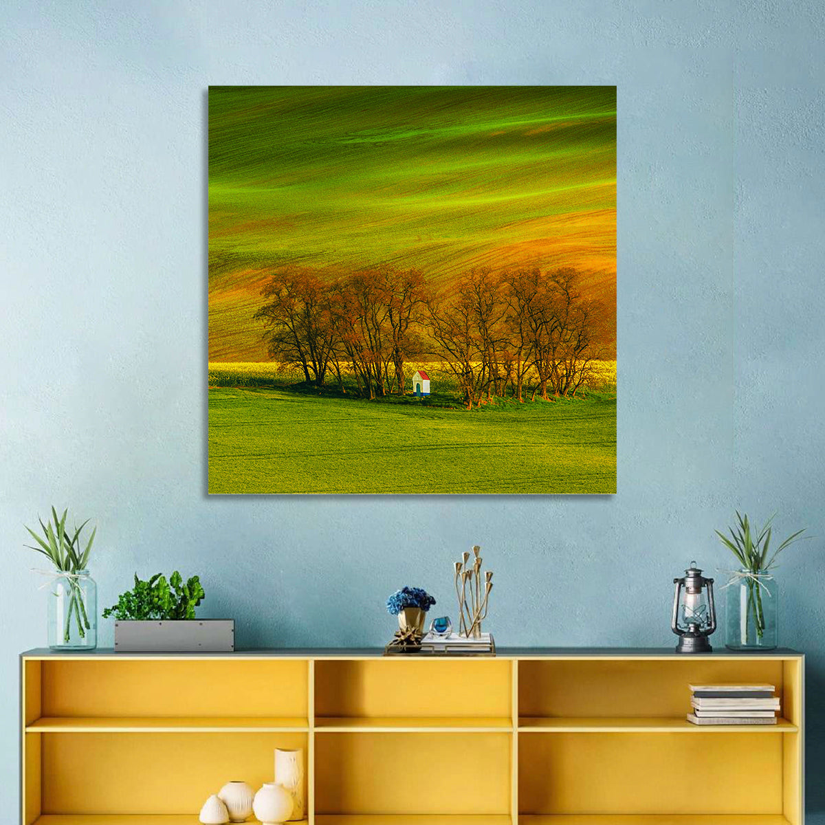 Moravian Wheat Fields with Chapel Wall Art in a room, square