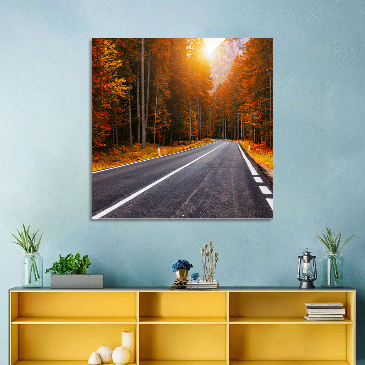 Golden Hour Forest Road Wall Art in a room, square