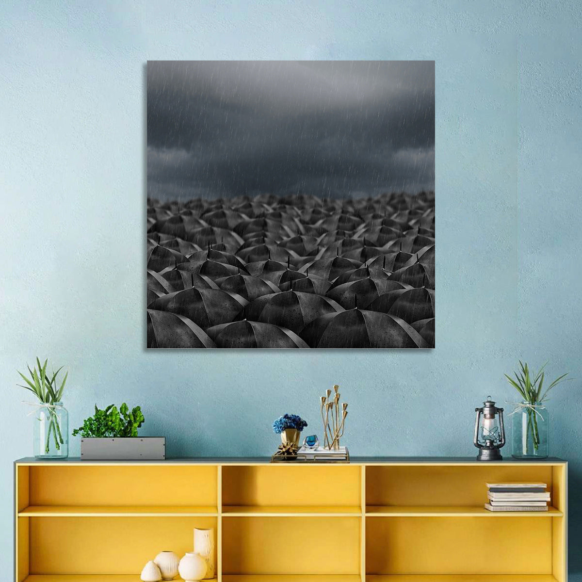Clustered Umbrellas in Rain Wall Art in a room, square