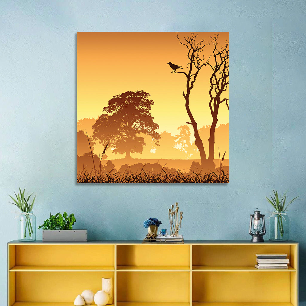 Golden Mist Tree Silhouettes with Crow Wall Art