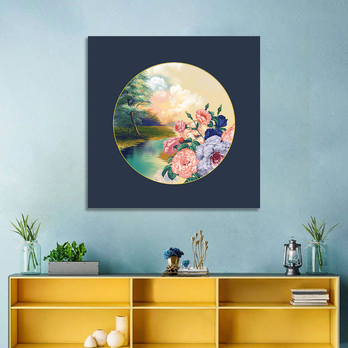 Golden Garden Circle Wall Art in a room, square