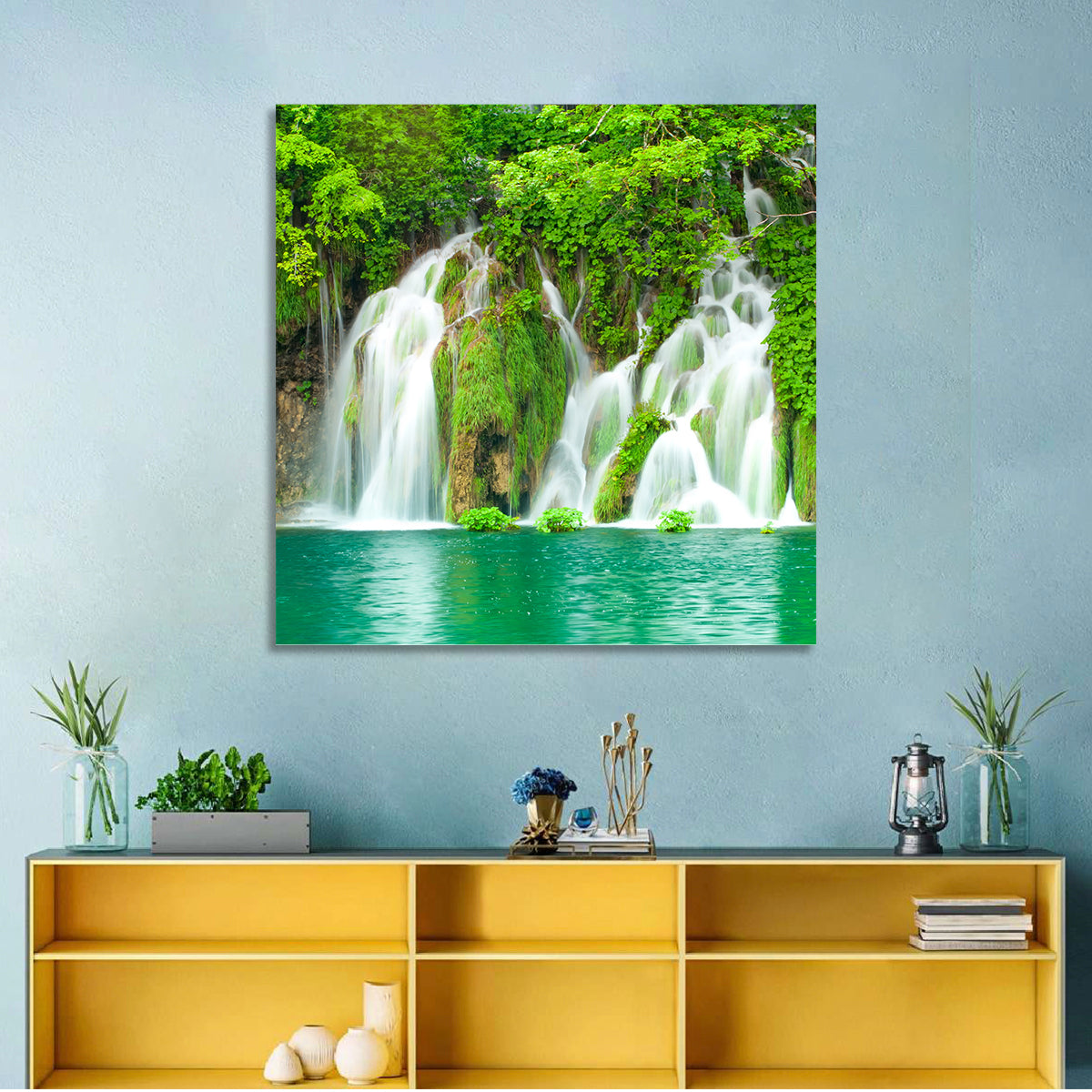 Plitvice Lakes Cascades Wall Art in a room, square