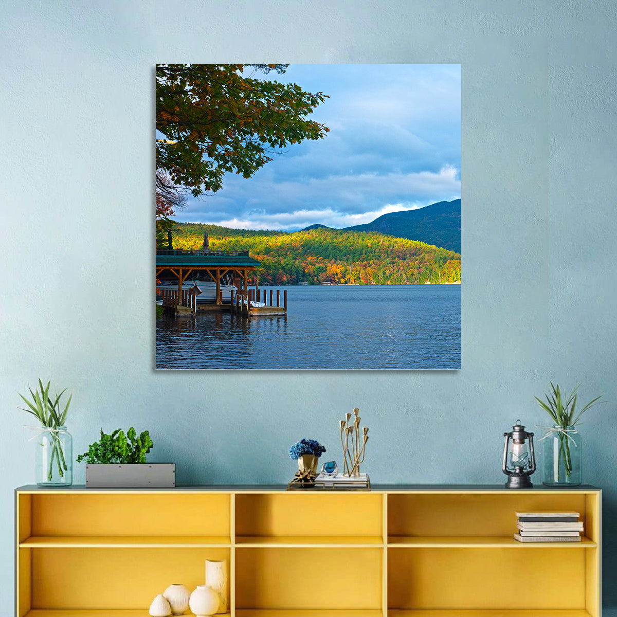 Lake George Boathouse in Autumn Wall Art in a room, square