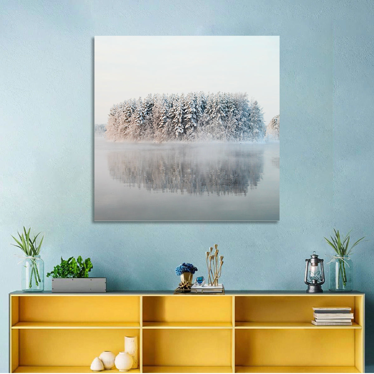 Misty Karelia Lake Wall Art in a room, square