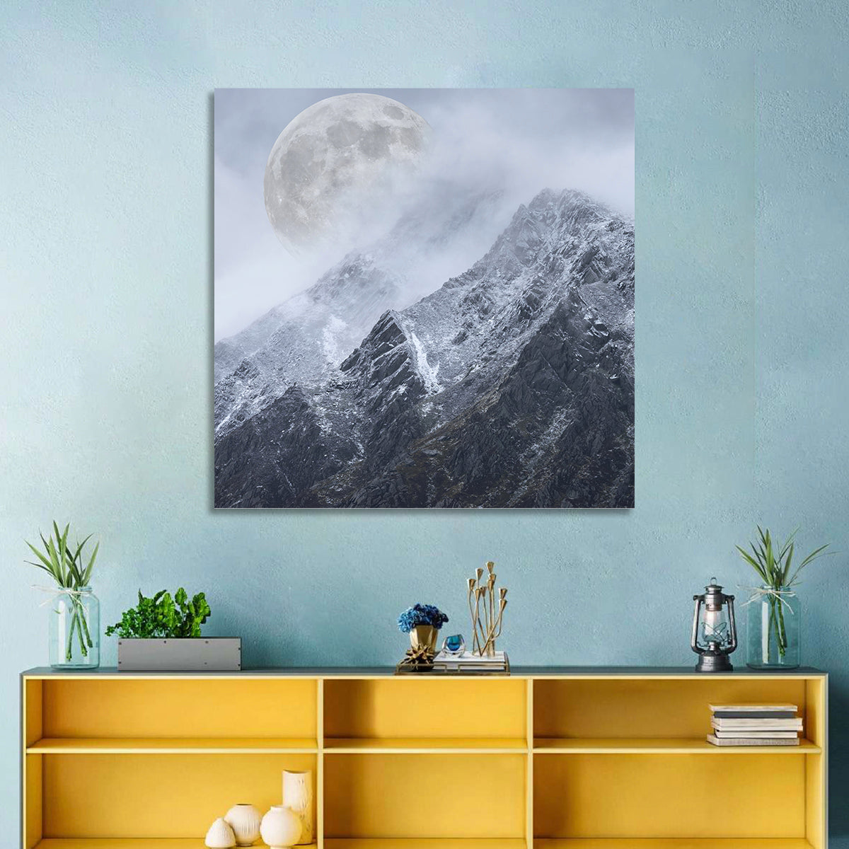 Supermoon Over Snow-capped Peaks Wall Art in a room, square