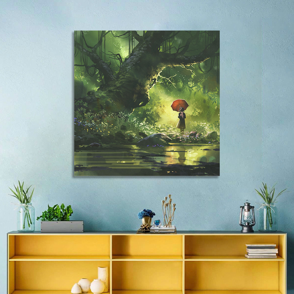 Girl with Umbrella in Mysterious Forest Wall Art in a room, square