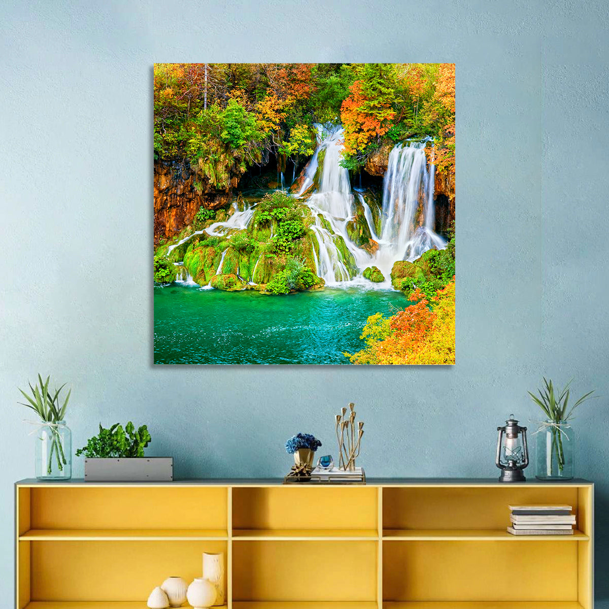 Plitvička Jezera Autumn Falls Wall Art in a room, square