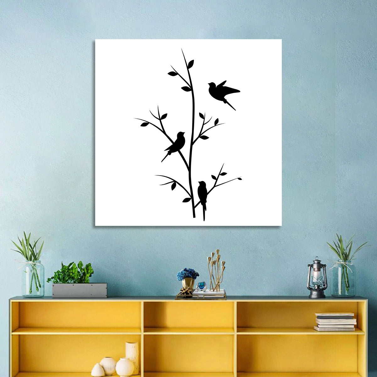 Three Birds on Branch Silhouette Wall Art in a room, square