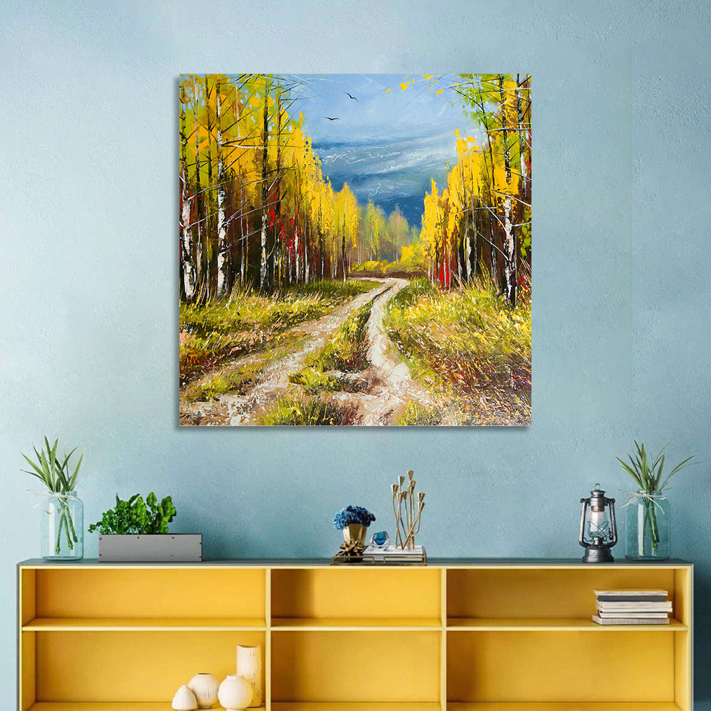 Autumn Birch Path with Two Birds Wall Art