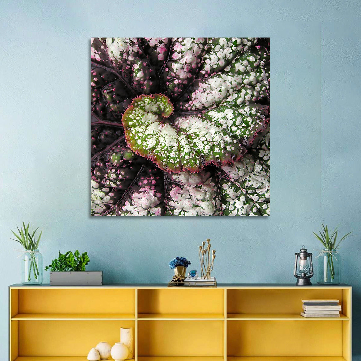 Begonia Leaf Spiral Geometry Wall Art in a room, square
