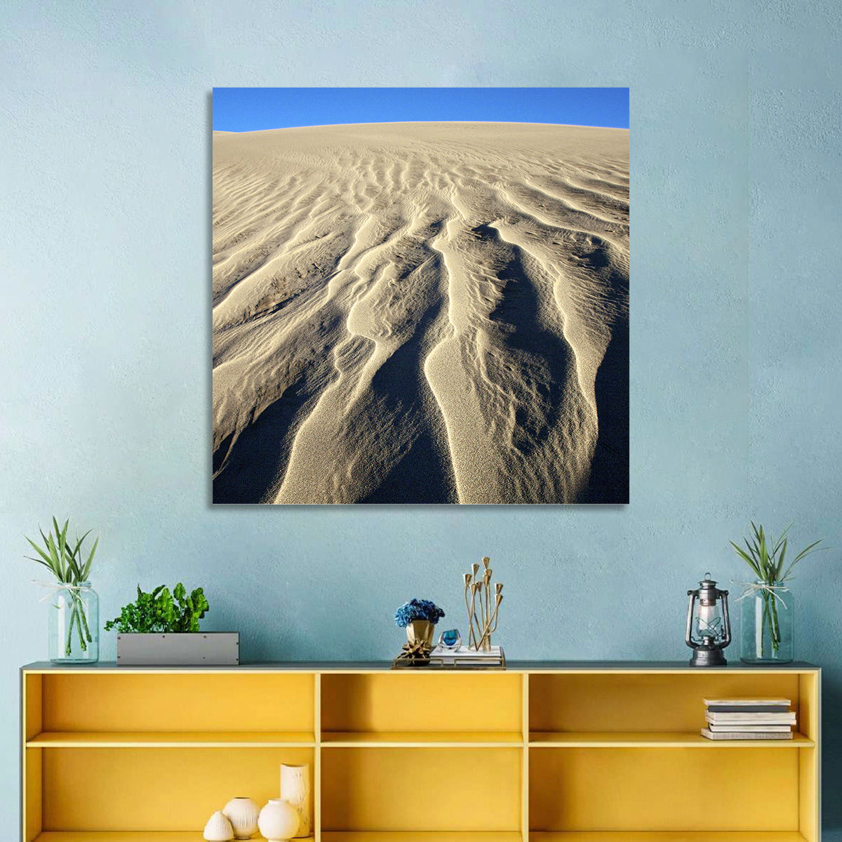 Endless Rippled Sand Dunes Wall Art in a room, square