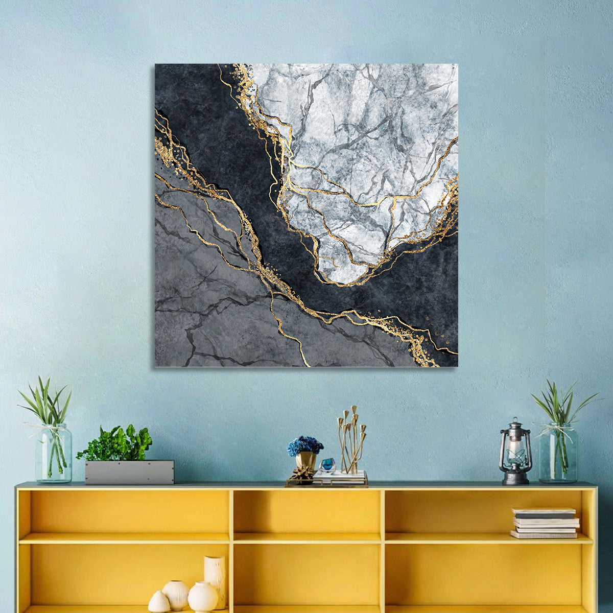 Black Stream Golden Veins Abstract Wall Art