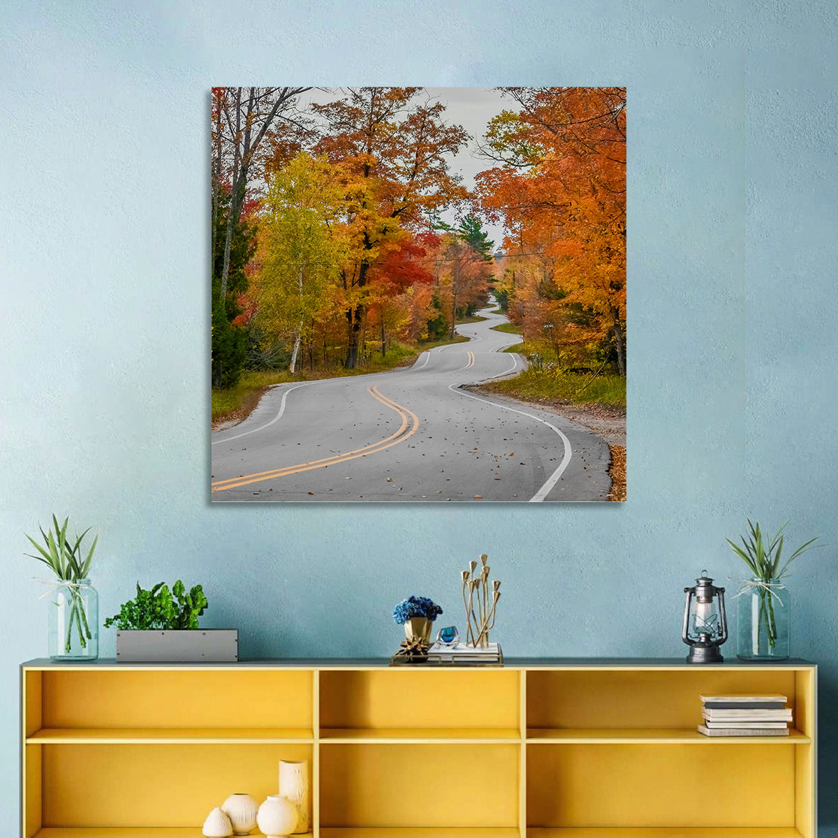 Winding Autumn Highway Wall Art in a room, square